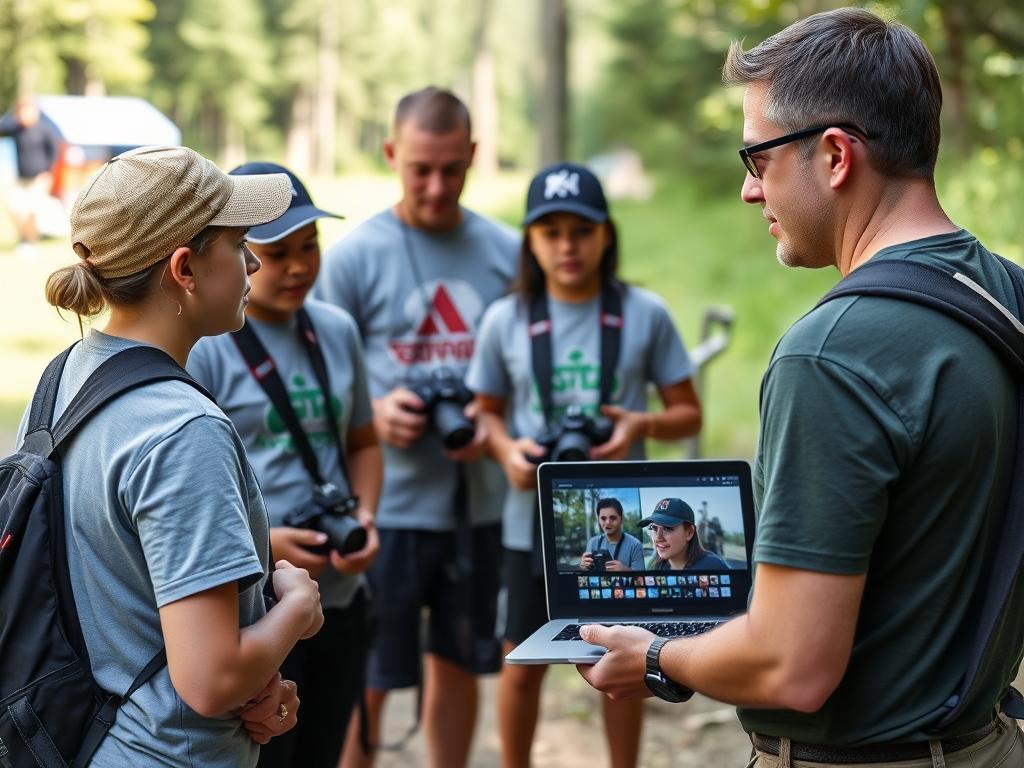 Summer camp photographer answering questions from interested applicants