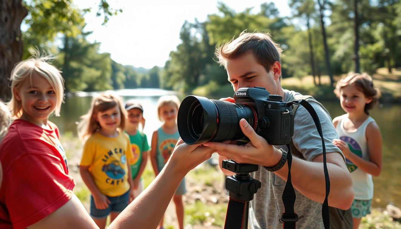 Summer camp photographer capturing children's activities by the lake