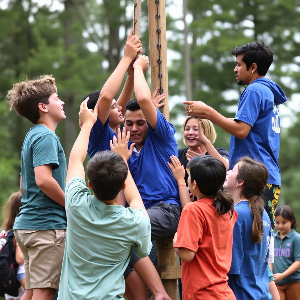 Team working together to complete a challenge during Olympic Camp Games