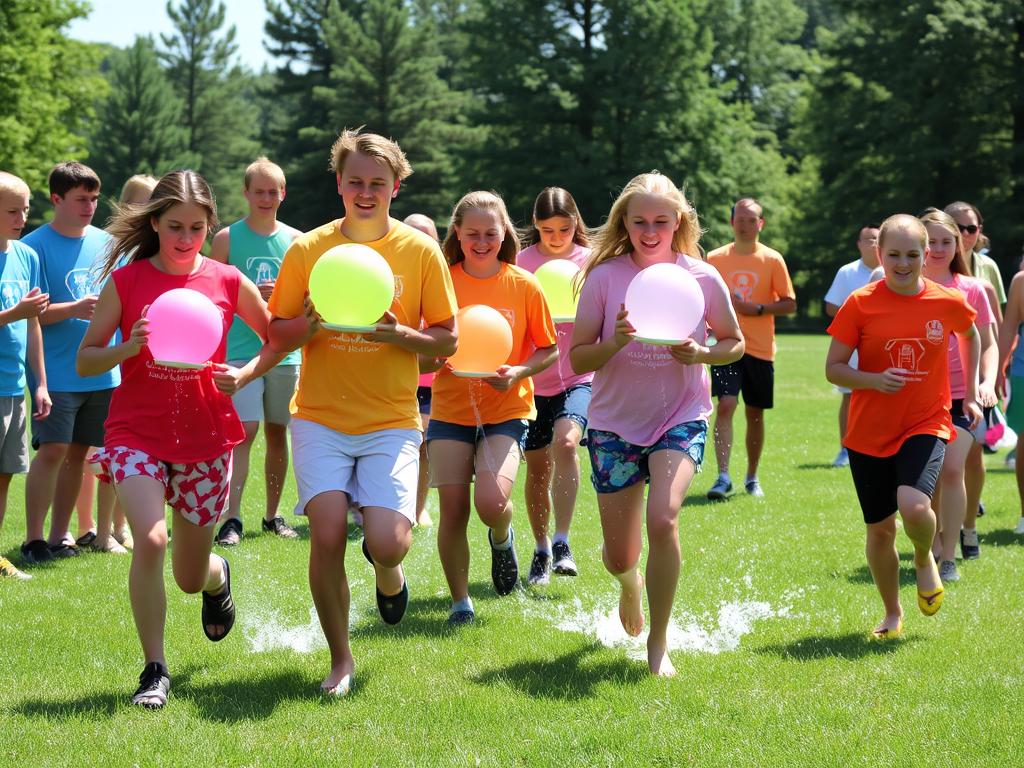 Teams competing in the water balloon relay at Olympic Camp Games
