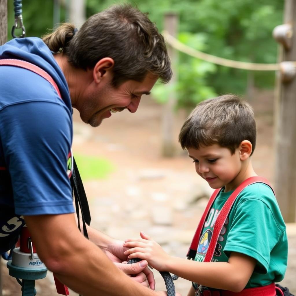 YMCA camp counselor helping a hesitant camper overcome a challenge, showing personal growth