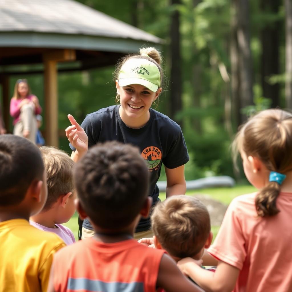 YMCA camp counselor leading a team-building activity, demonstrating leadership skills