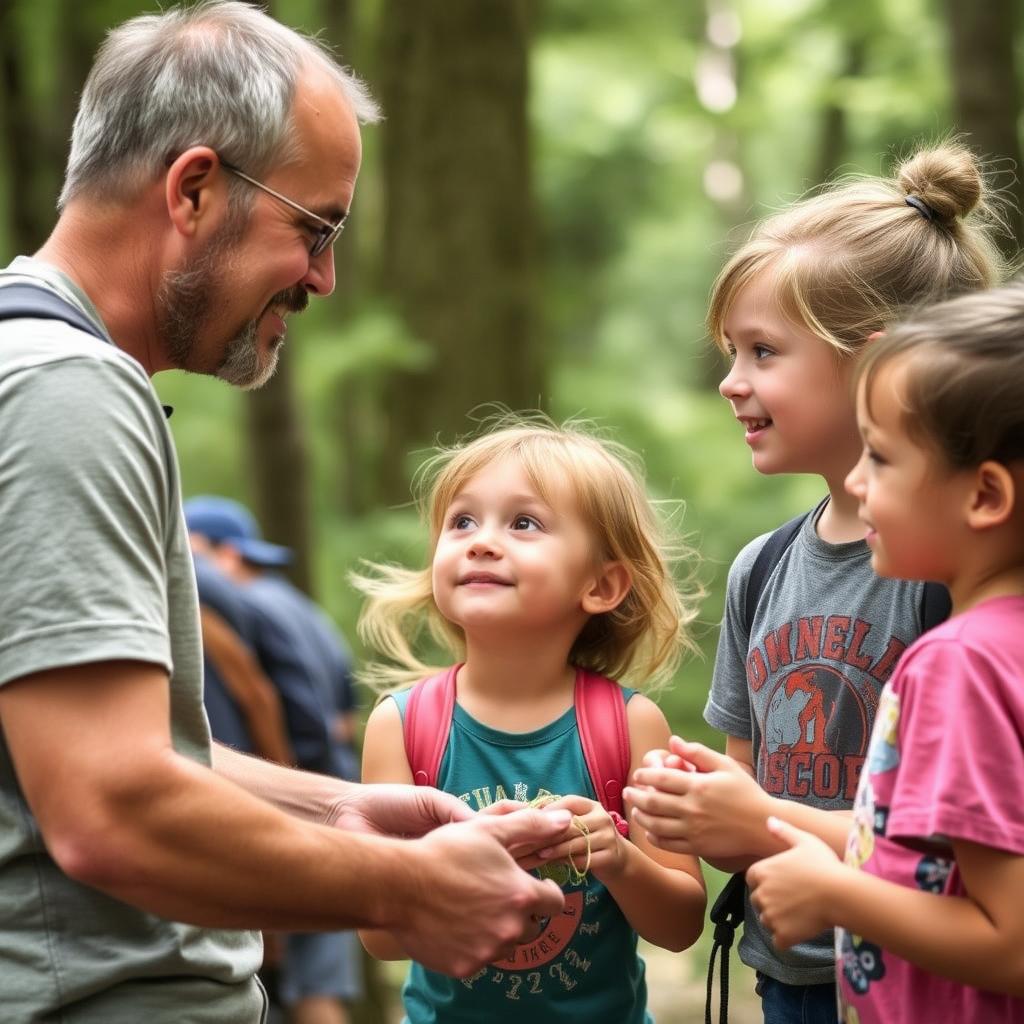 YMCA camp counselor sharing a meaningful moment with campers during an activity
