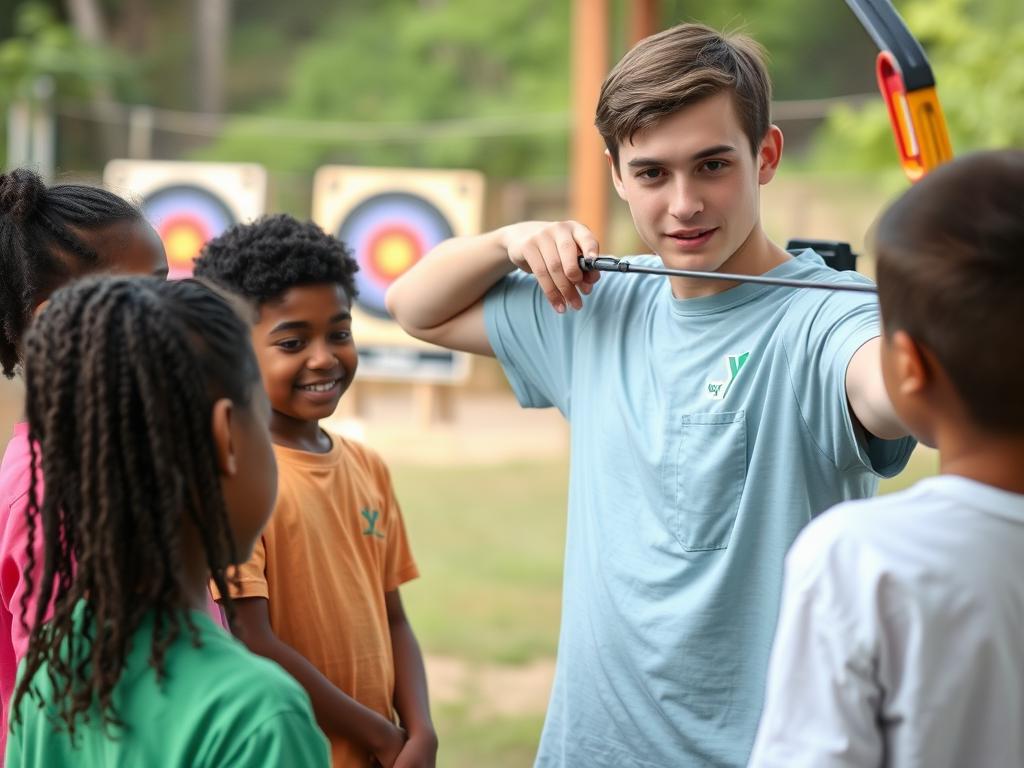 YMCA camp counselor teaching archery to a small group of attentive campers
