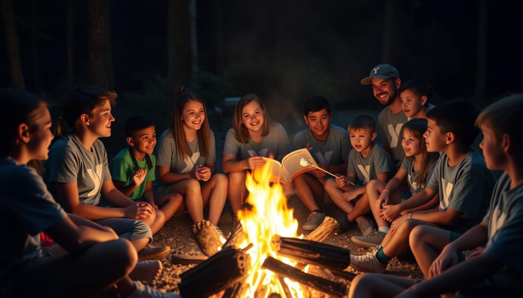 YMCA camp counselors celebrating with campers around a campfire, showcasing the rewarding camp experience