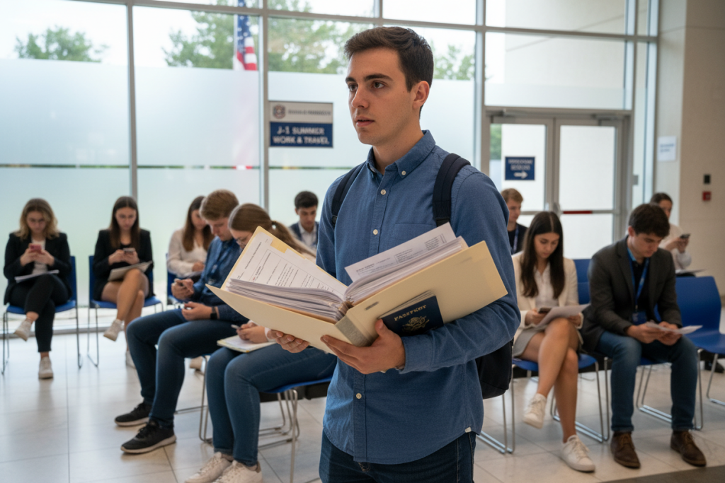 Applicant at US Embassy for J-1 summer camp visa interview