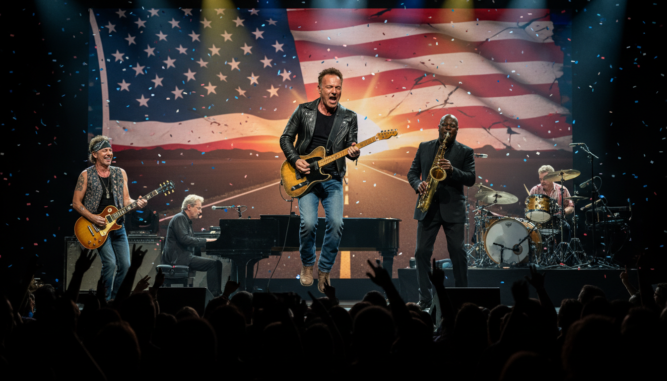 Bruce Springsteen performing Born to Run with the E Street Band against a backdrop of an American highway