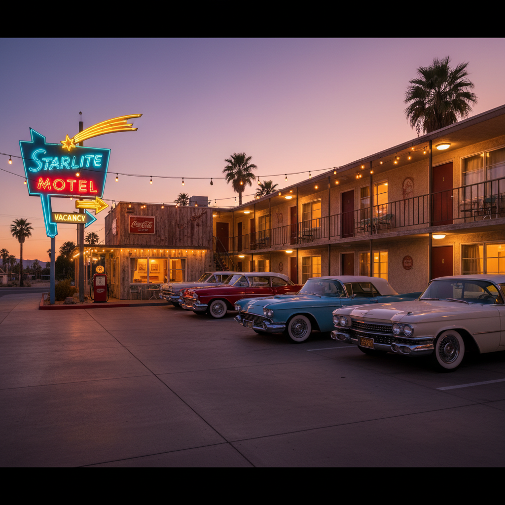 Budget motel exterior for post camp travel USA road trip accommodation