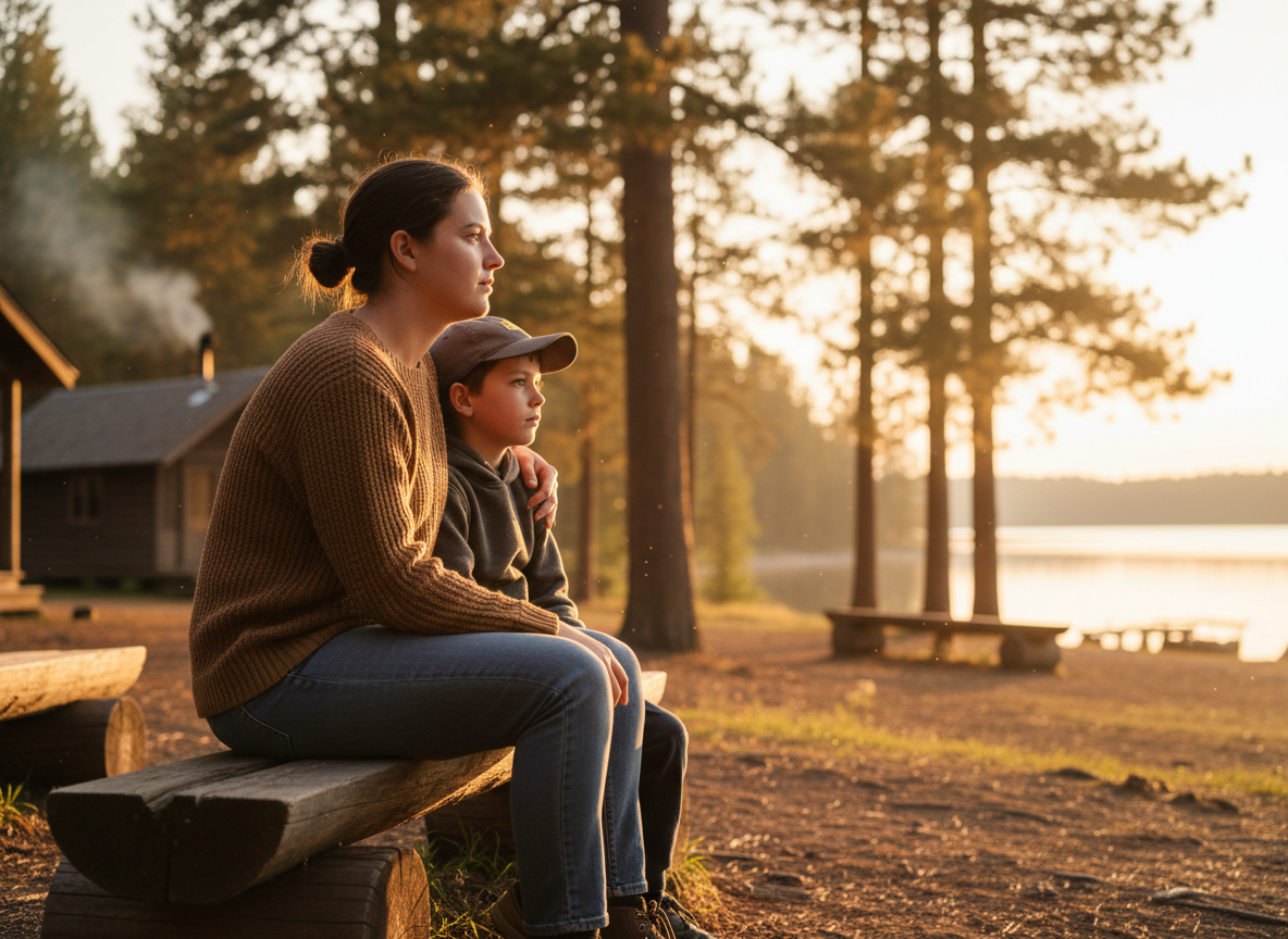 Camp counselor comforting a homesick camper while dealing with their own feelings of homesickness, showing Camp Counselor Personal Growth
