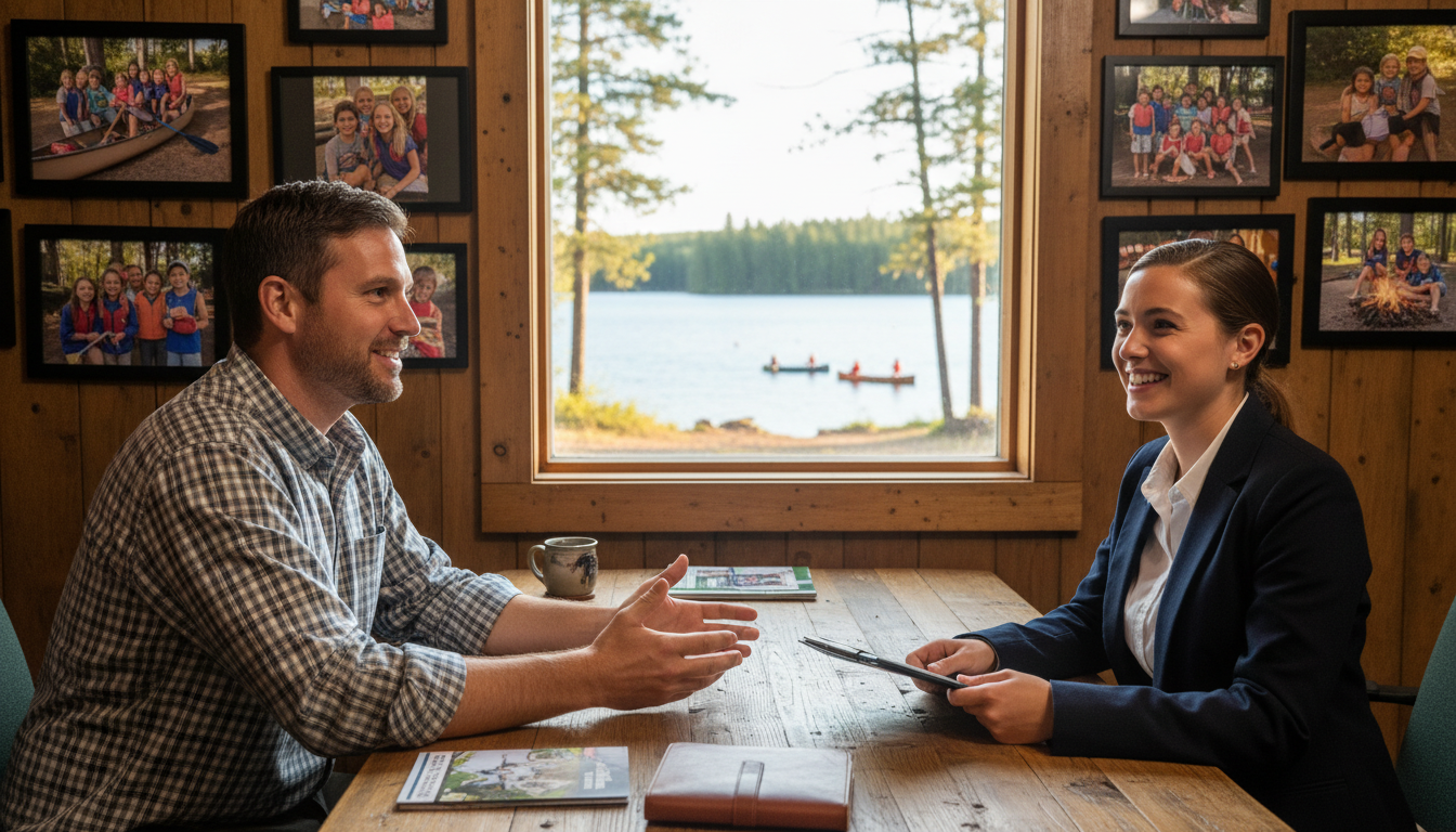 Camp director interviewing a job candidate for a summer camp position