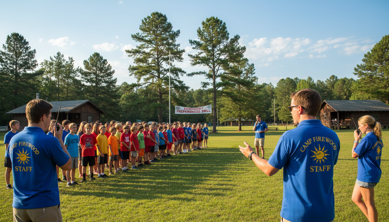 Camp staff conducting an emergency drill with campers lined up
