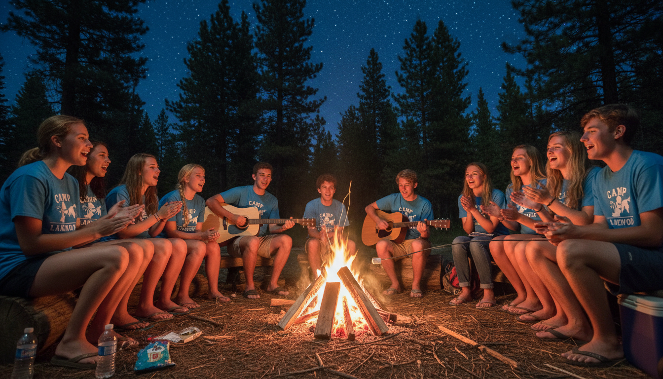 Campers singing Take Me Home Country Roads around a campfire at Summer Camp