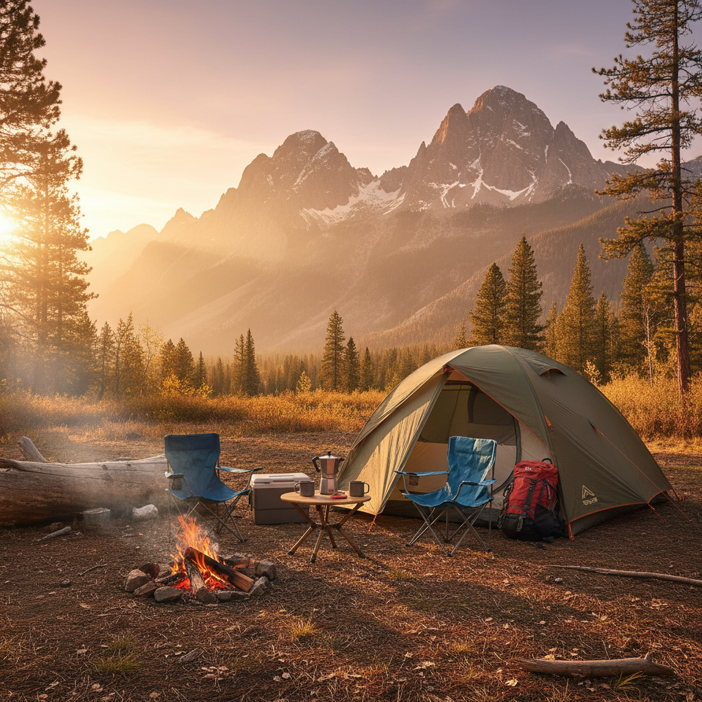 Camping tent setup in a national park during post camp travel USA road trip