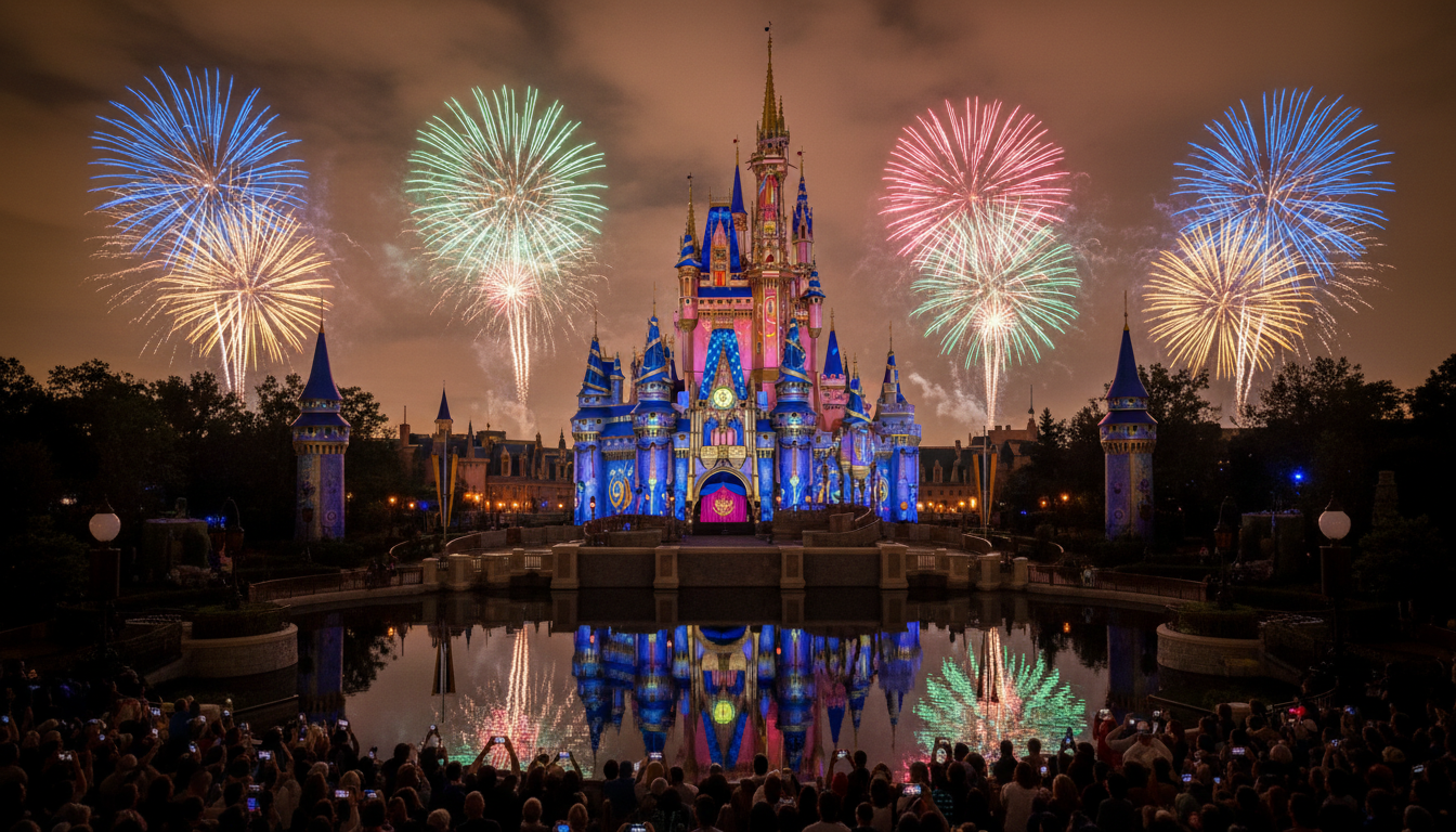 Cinderella Castle at Magic Kingdom illuminated at night with colorful projections and fireworks overhead at Walt Disney World