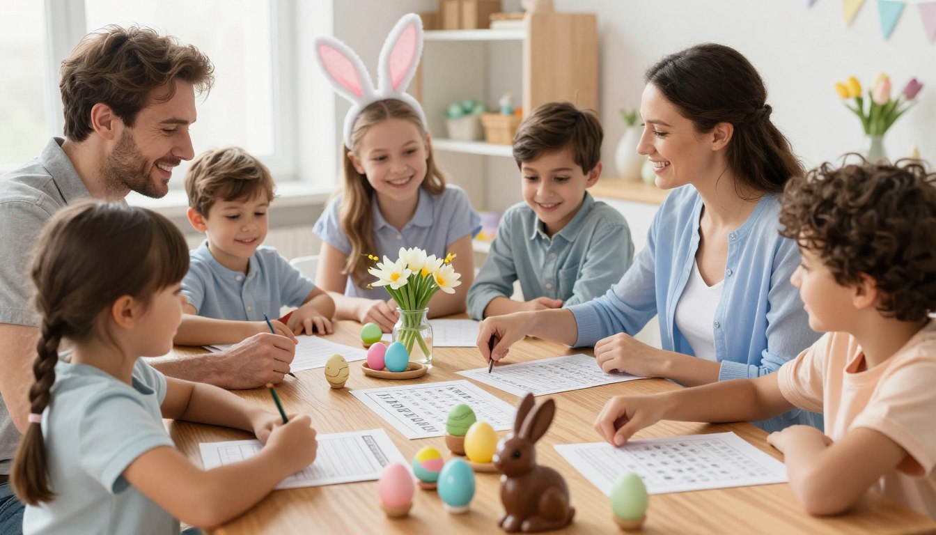 Family gathered around a table playing an Easter quiz game with colorful Easter decorations