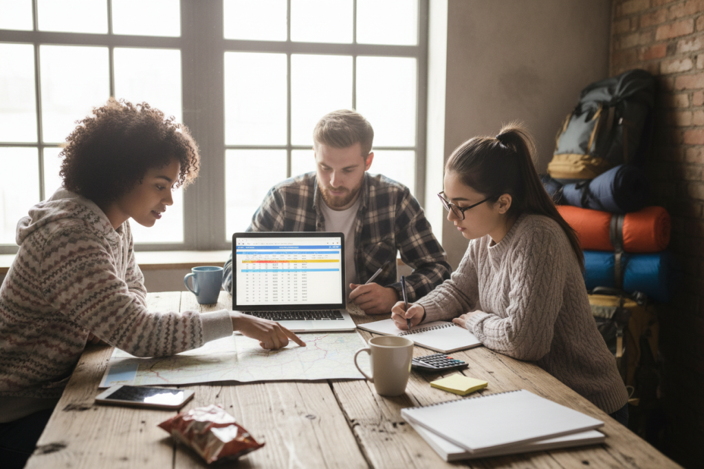 Group of camp counselors planning their post camp travel USA road trip budget on a laptop
