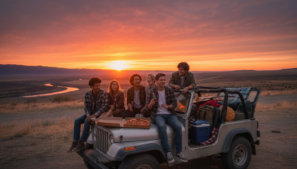 Group of friends enjoying sunset view during their post camp travel USA road trip