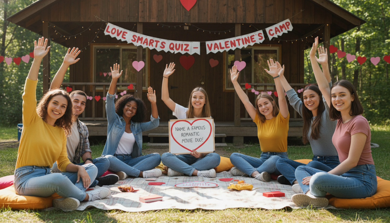 Group of happy campers participating in a Valentine's Day quiz activity
