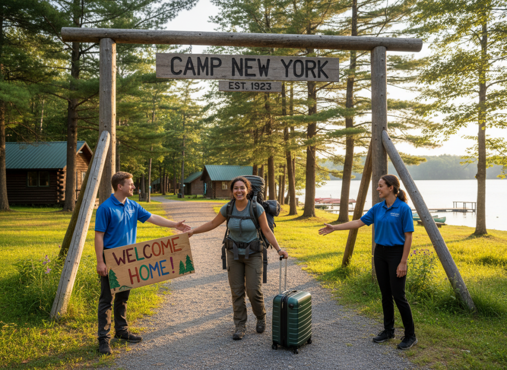 Happy international counselor arriving at Camp New York with J-1 summer camp visa