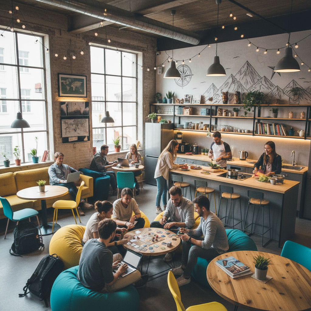 Hostel common area with travelers during post camp travel USA road trip