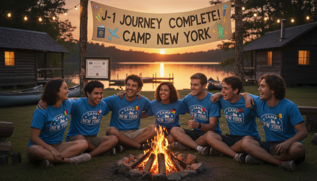International counselors celebrating successful J-1 summer camp visa journey at Camp New York