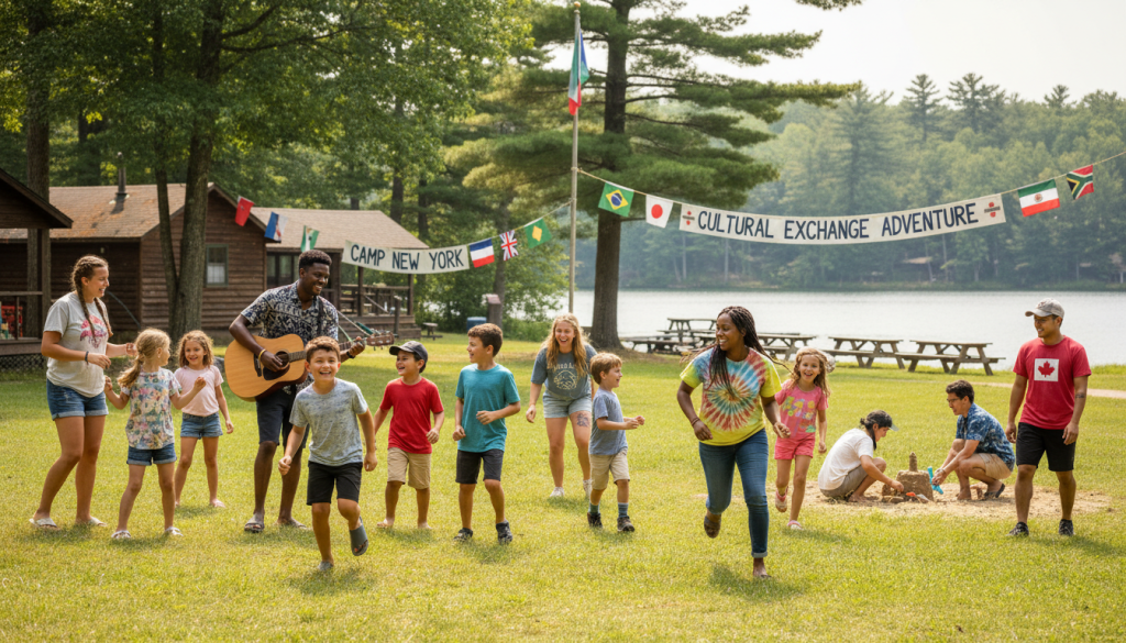 International counselors enjoying summer at Camp New York with J-1 summer camp visa