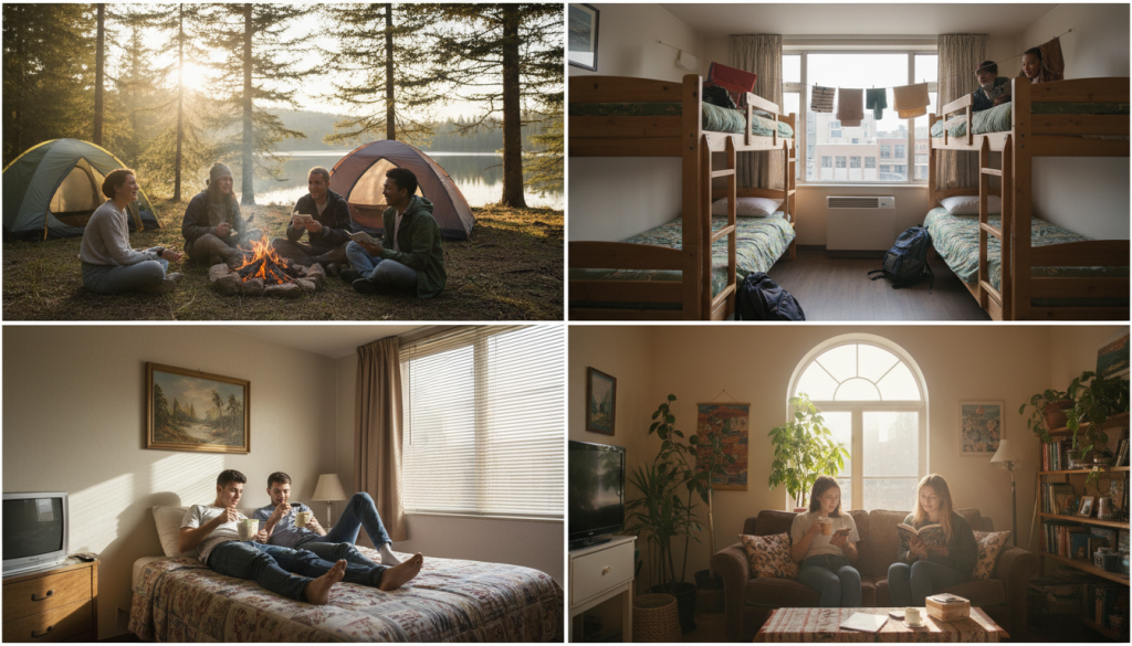 Mixed accommodation options collage for post camp travel USA road trip