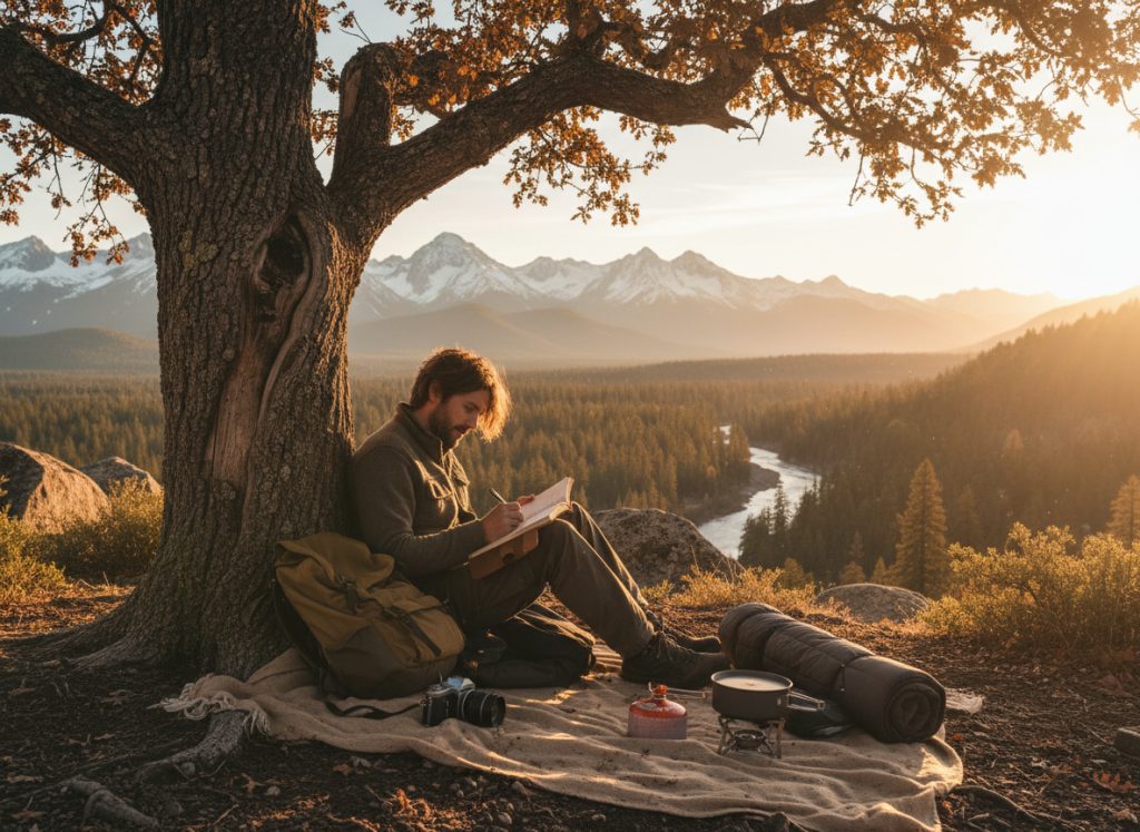Person journaling during post camp travel USA road trip