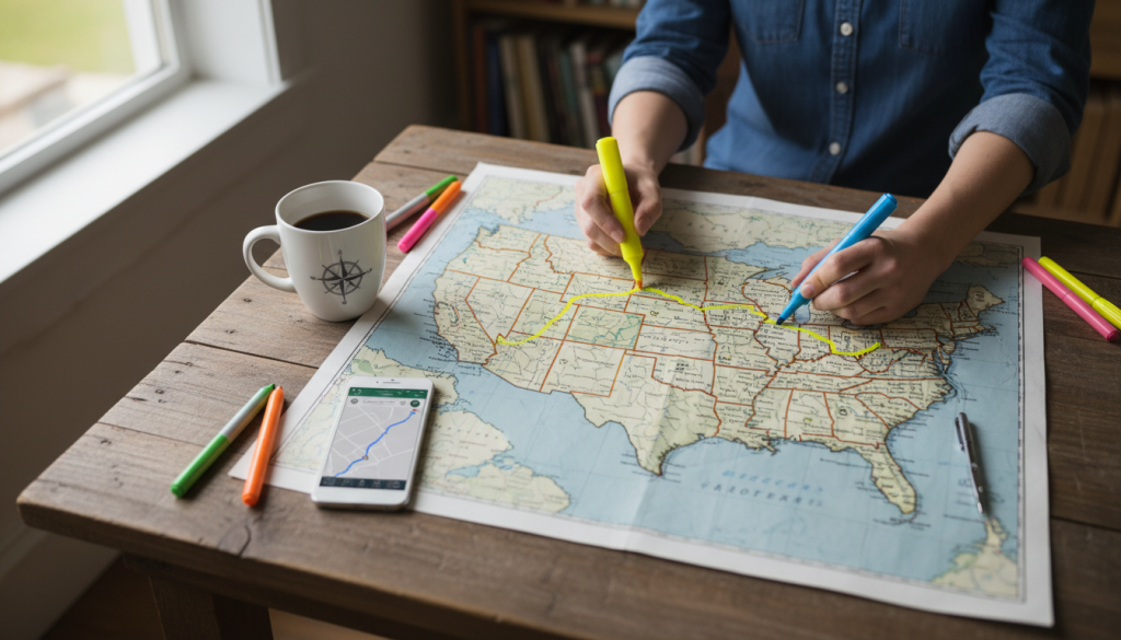 Person planning route on a map for their post camp travel USA road trip