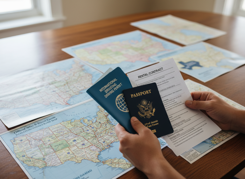 Person reviewing rental car paperwork and checking their international driving permit for post camp travel USA road trip