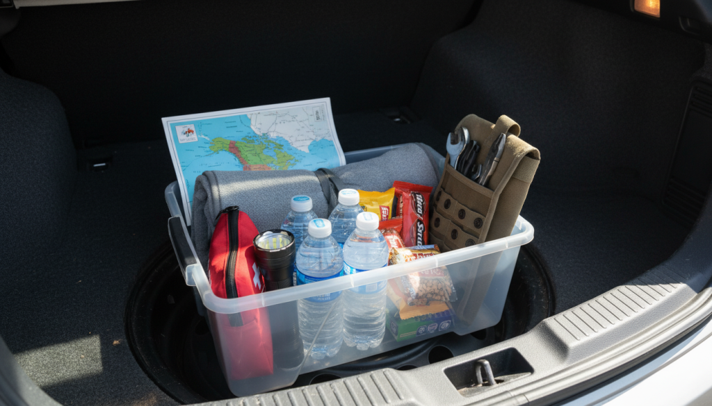 Road trip safety essentials and emergency kit for post camp travel USA road trip