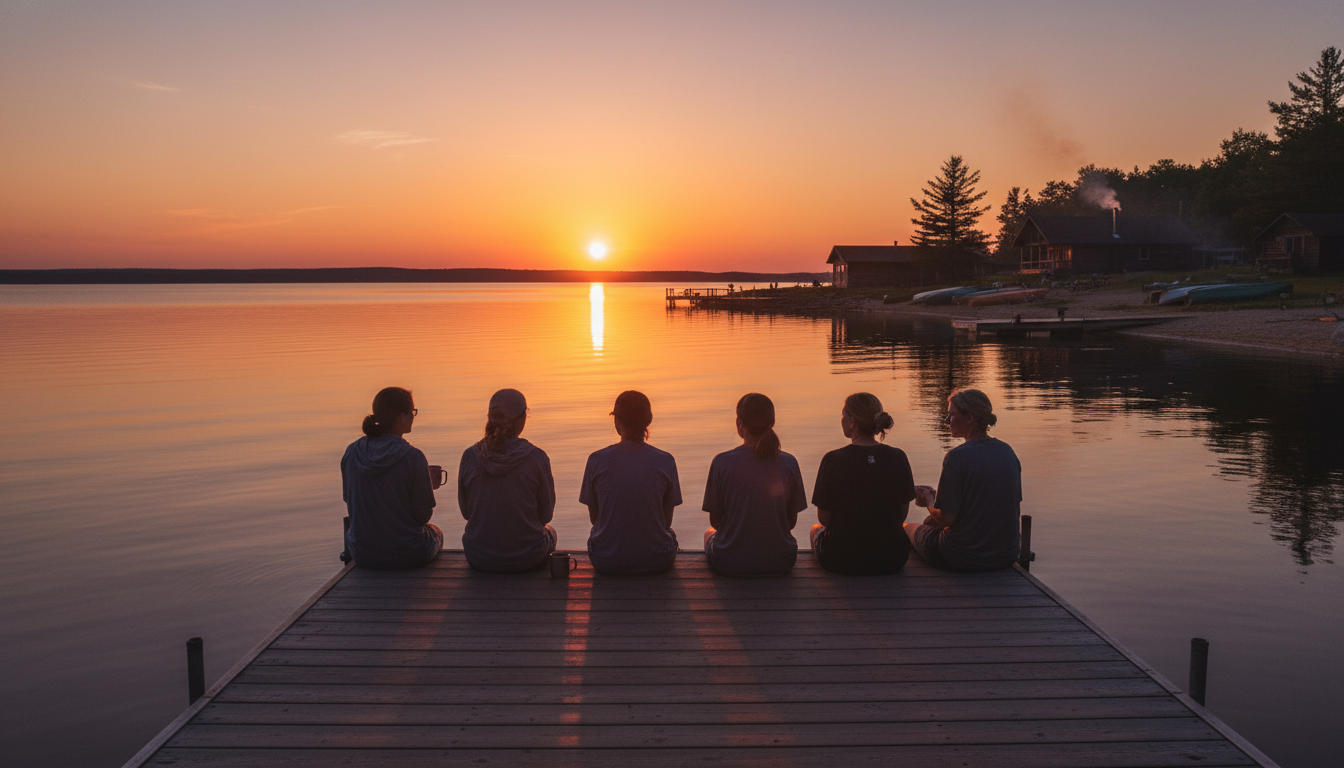 Sunset view of camp with counselors reflecting on their summer of personal growth, epitomizing Camp Counselor Personal Growth