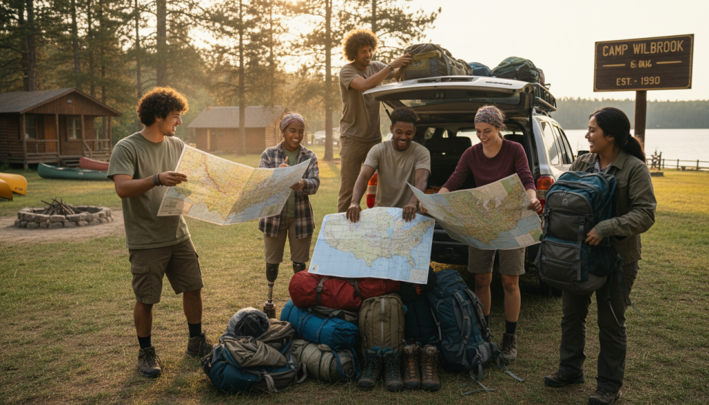 Young adults celebrating the end of summer camp before starting their post camp travel USA road trip adventure