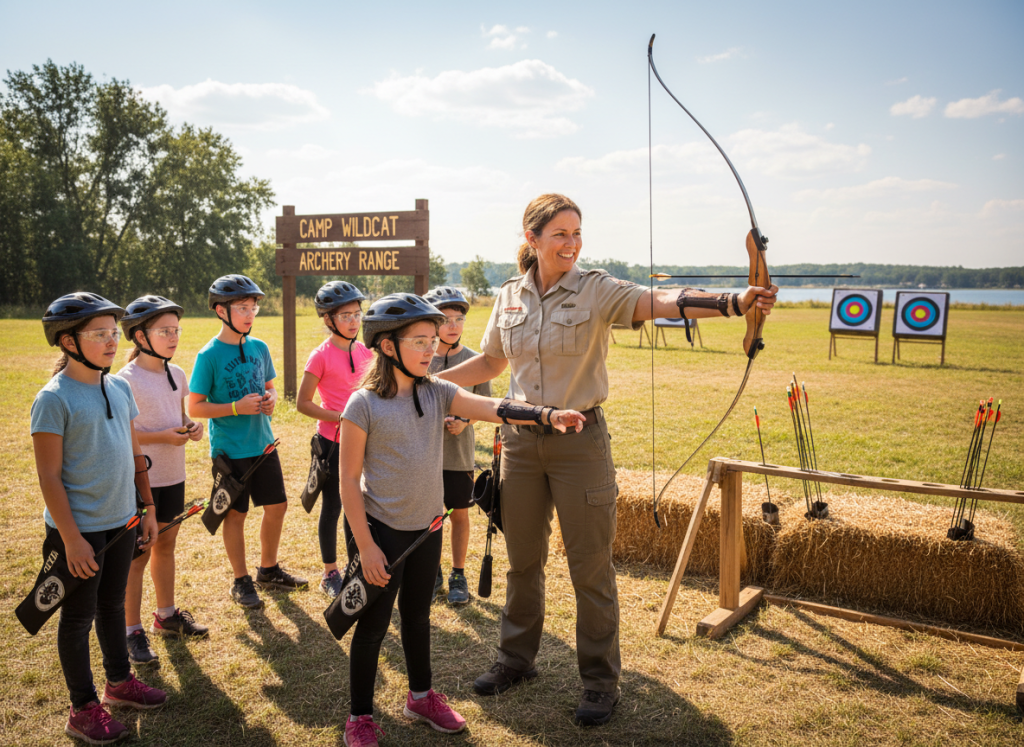 Activity specialist teaching archery to group of campers at summer camp