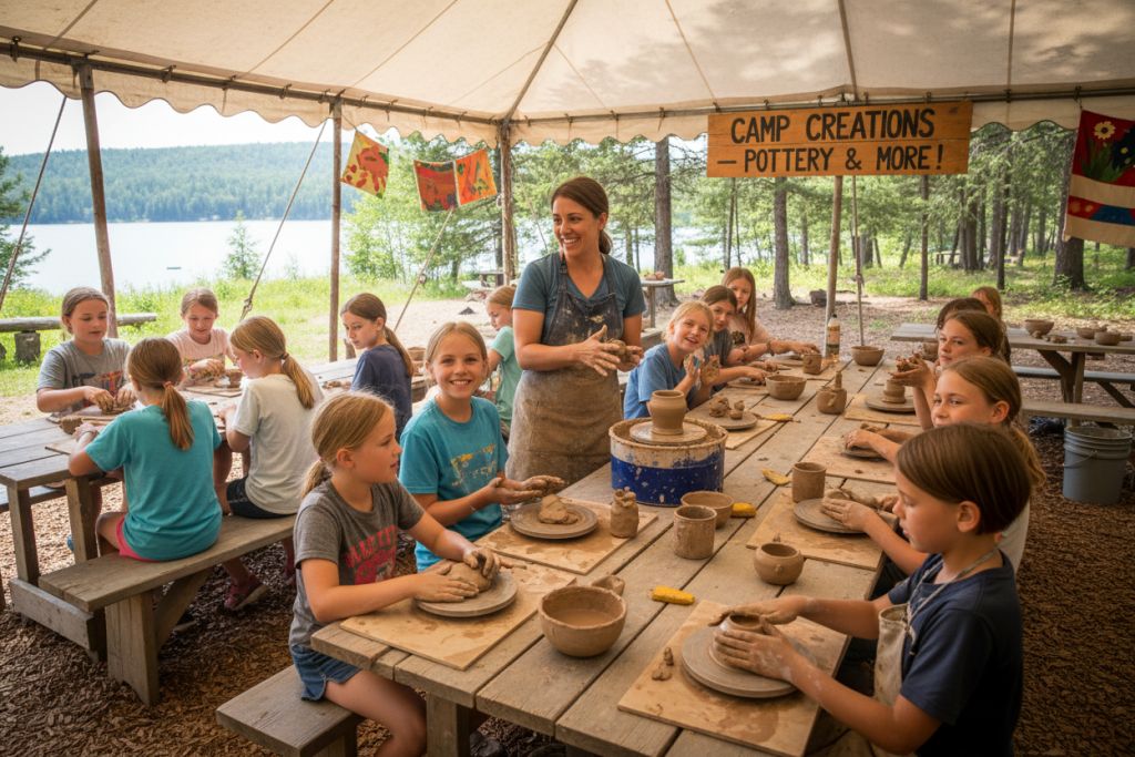 Activity specialist teaching campers pottery with encouraging approach