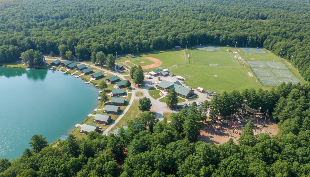 Aerial view of Camp New York facilities showing cabins, lake, and activity areas