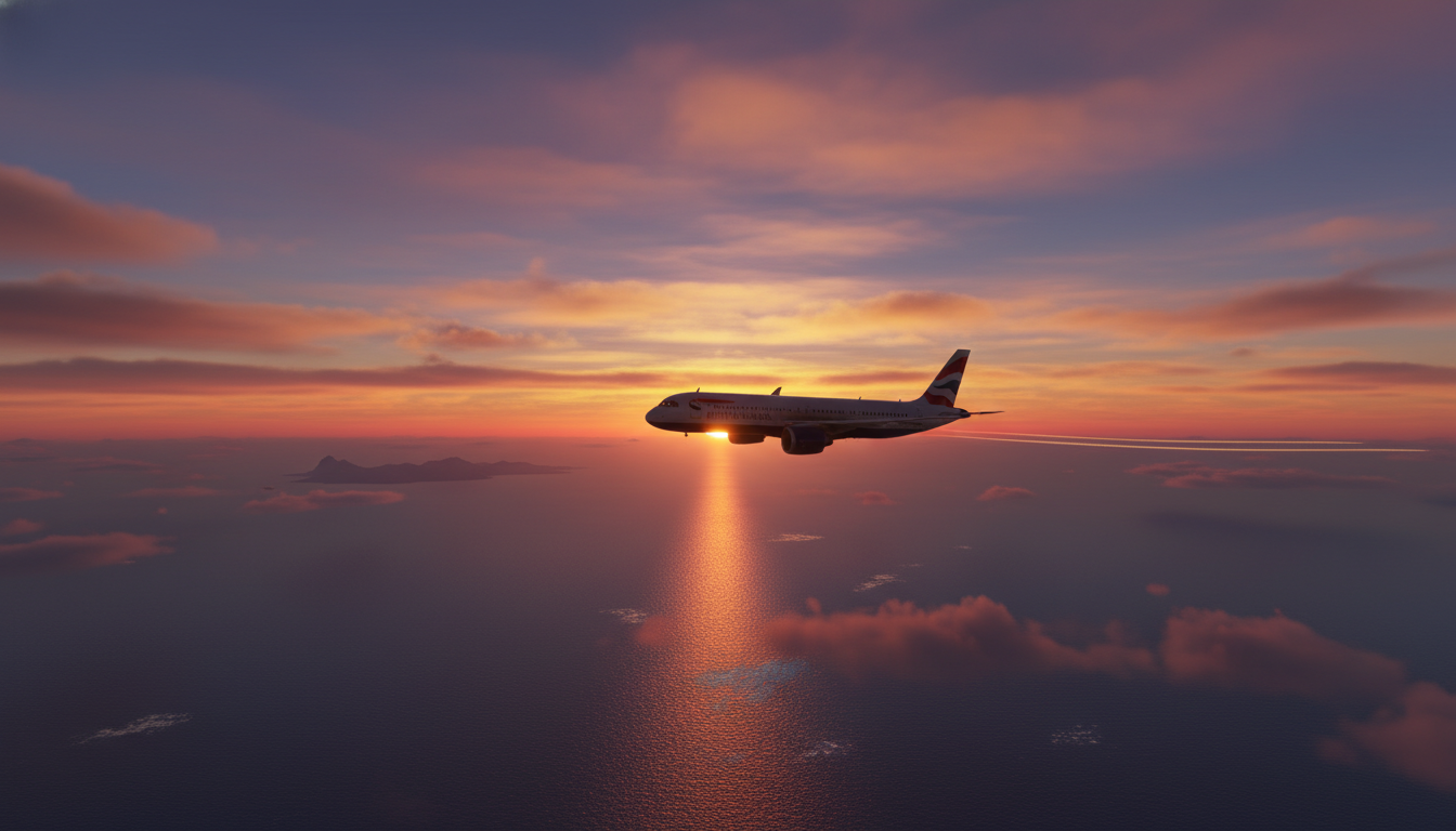 Airplane flying over Atlantic Ocean from UK to America