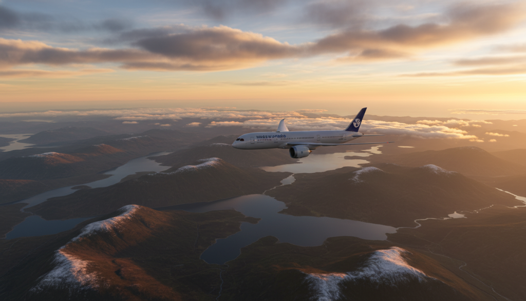 Airplane flying over Scottish Highlands towards the United States
