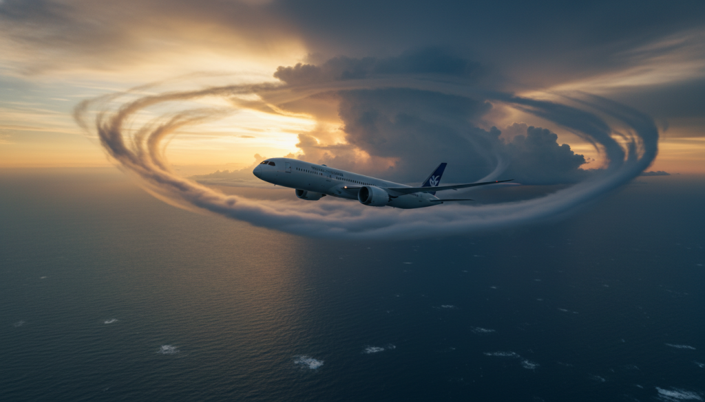 Airplane flying through clouds with weather patterns