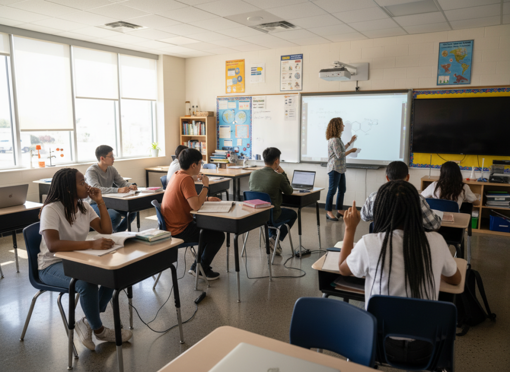American classroom with teacher and students