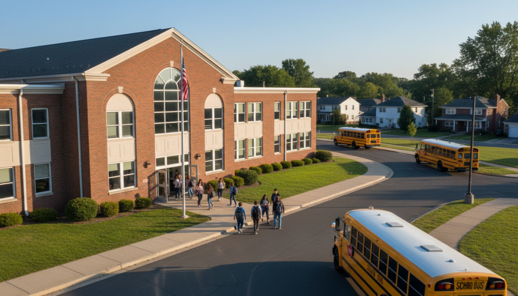 American high school building exterior