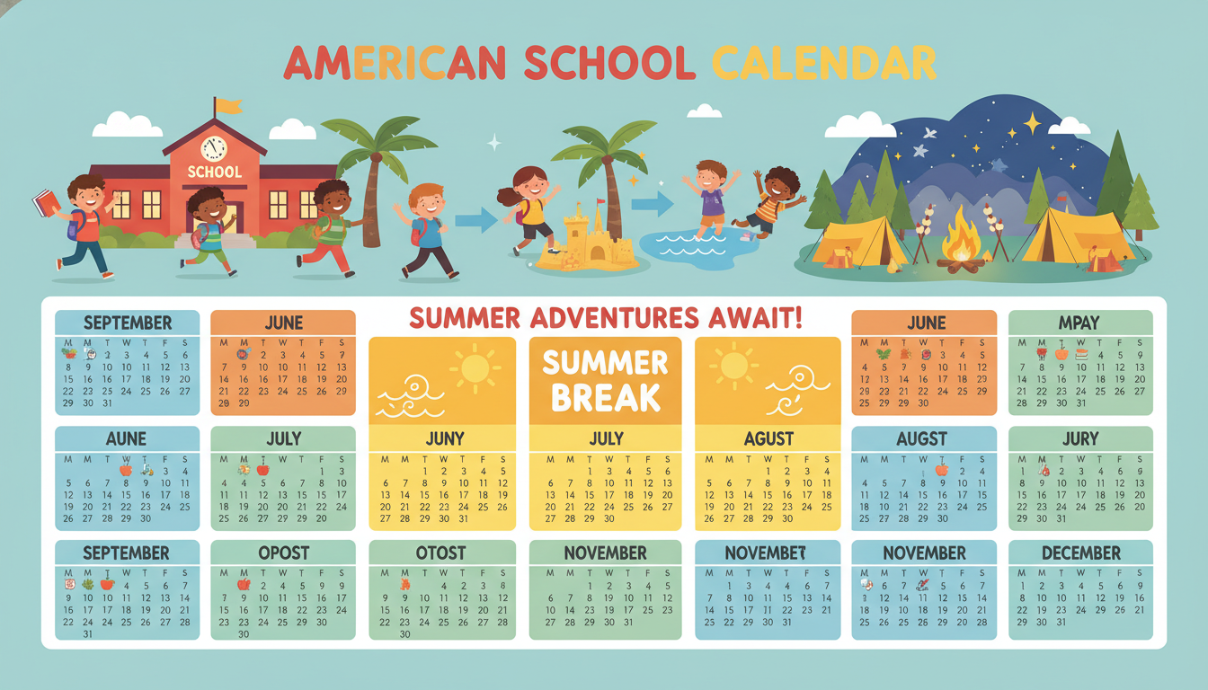 American school calendar showing summer holidays period with children enjoying summer activities