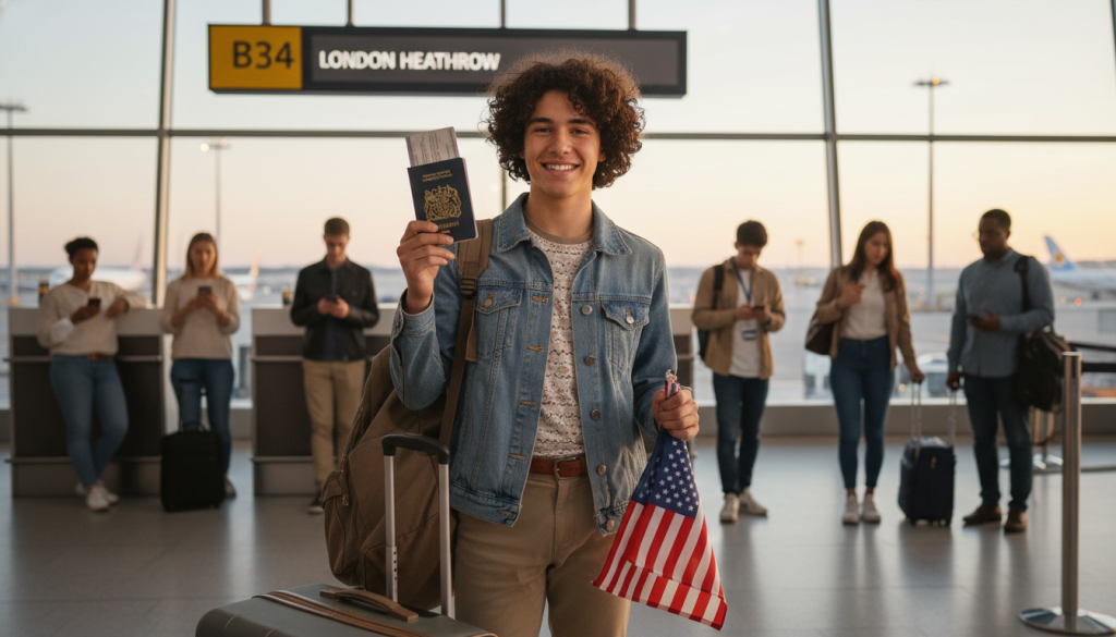 British student with American flag and suitcase ready for exchange program