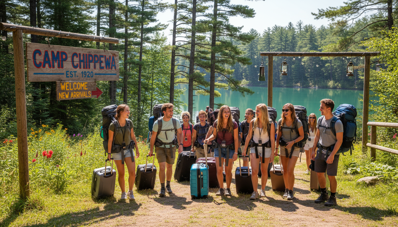 British students arriving at american summer camp with luggage and excitement