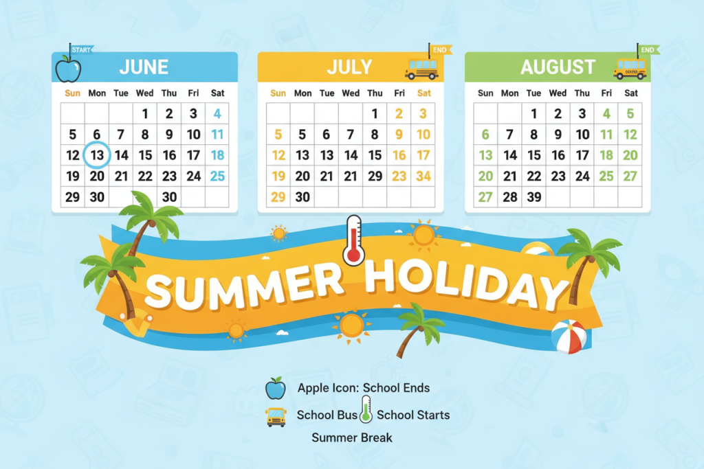 Calendar showing typical American summer break length from June to August