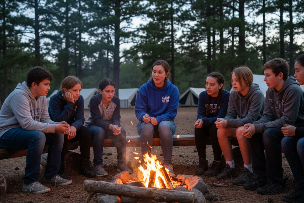 Camp New York counsellor engaging with campers in circle discussion