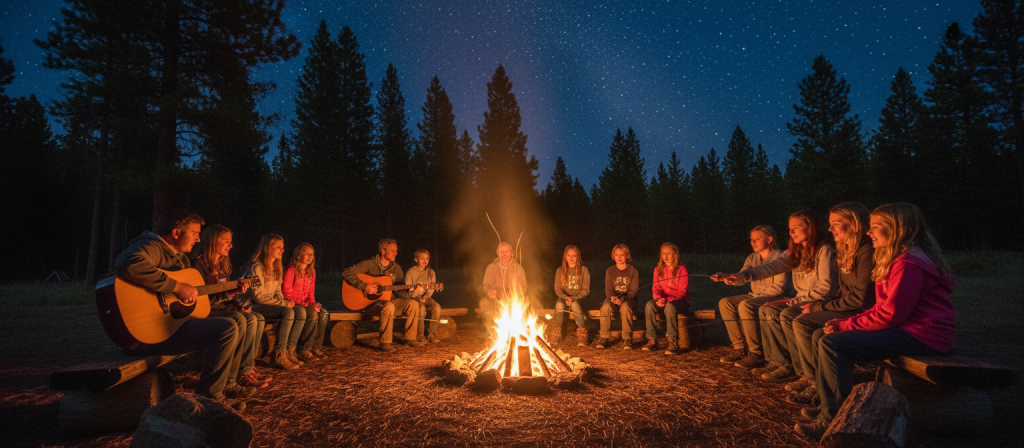 Camp New York evening campfire with campers and counselors singing together