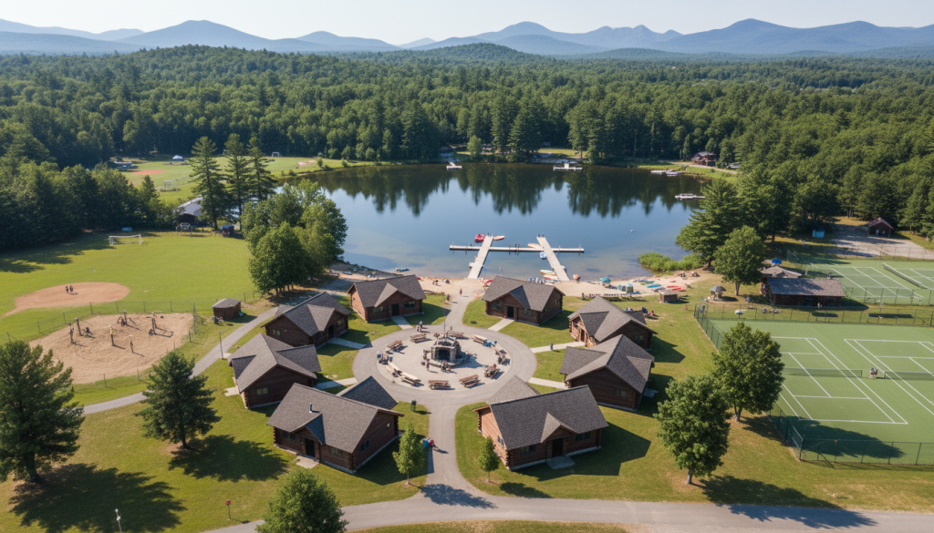 Camp New York facilities showing cabins, lake, and activity areas