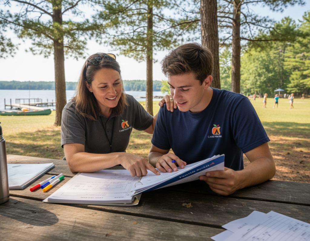 Camp New York staff member receiving leadership training from senior counselor