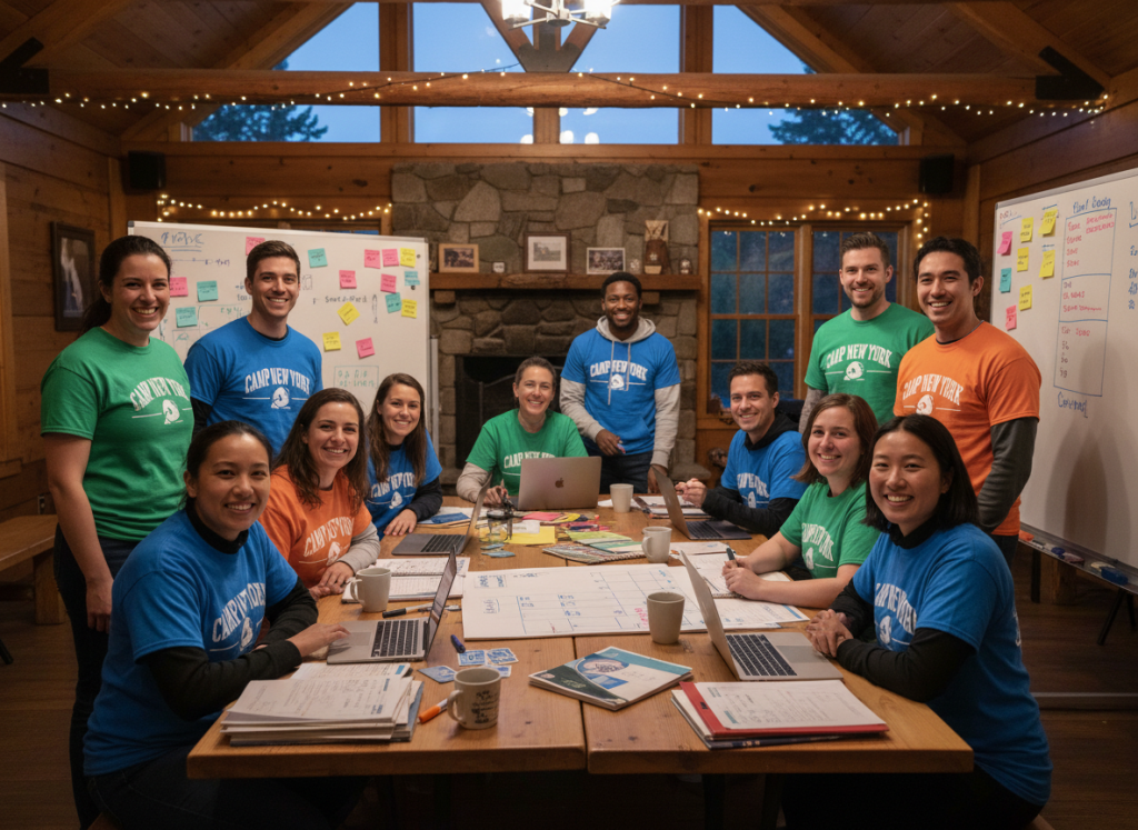 Camp New York staff members collaborating during evening planning session